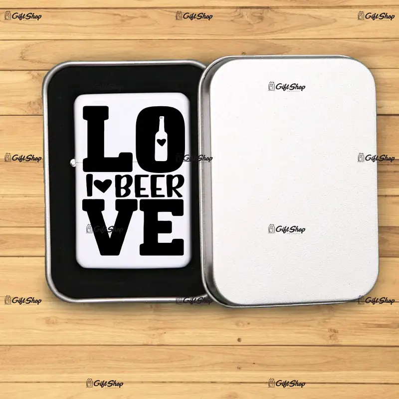 I love beer, bricheta metalica gravata laser cu mesaj